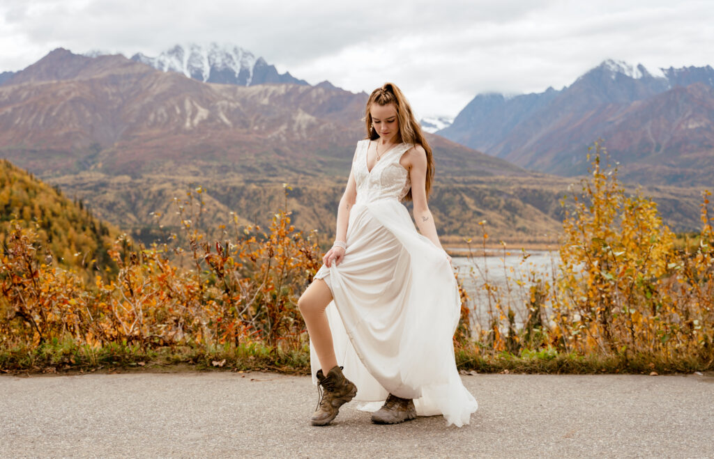 Alaska Bride Fall Elopement Thrifted Wedding dress
